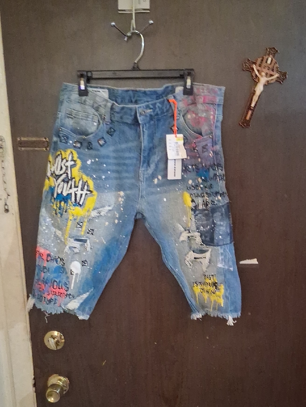 Smoke & Rise Paint-Splatter Distressed Blue Denim Jean Shorts for Men